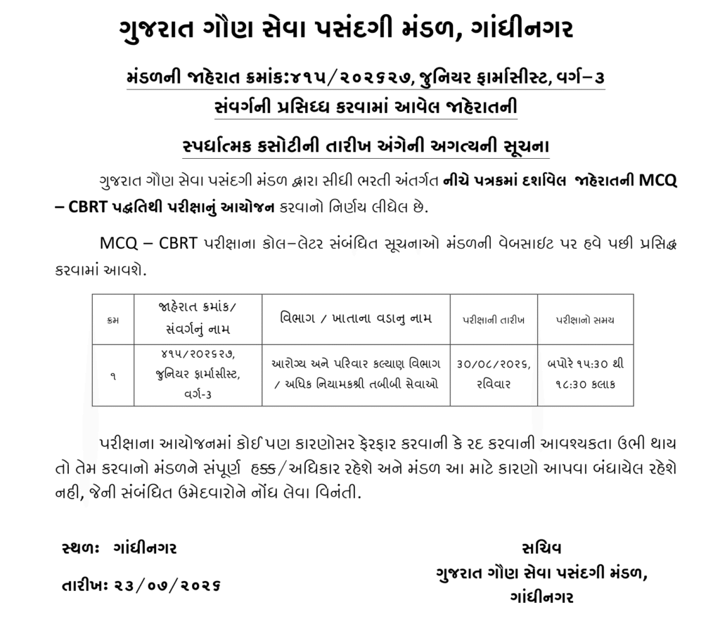 GSSSB Junior Pharmacist Call Letter